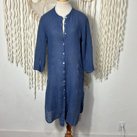 Two Zero One Blue Linen Button Down Duster Size S/M - Picture 1 of 11